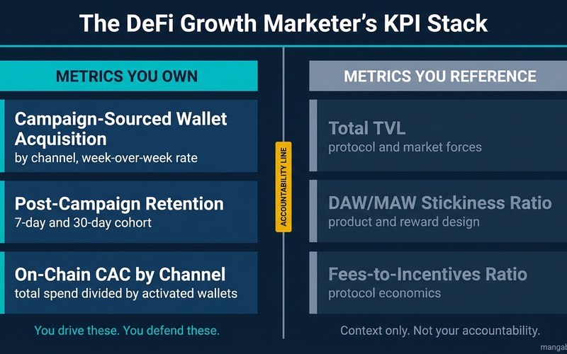 El Stack de KPIs del Especialista en Crecimiento de DeFi: diagrama de dos columnas que muestra Métricas Que Posees a la izquierda (adquisición de billeteras provenientes de campañas, retención post-campaña, CAC on-chain) versus Métricas Que Referencias a la derecha (TVL, relación DAW/MAW, relación tarifas/incentivos), separadas por una línea de rendición de cuentas