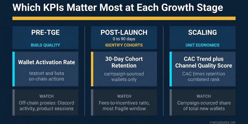 Qué KPIs Importan Más en Cada Etapa de Crecimiento: matriz de tres columnas que muestra Pre-TGE (tasa de activación de billeteras, proxies off-chain), Post-Lanzamiento 0-90 días (retención de cohorte a 30 días, relación tarifas/incentivos) y Escalado (tendencia de CAC más puntaje de calidad del canal, participación de billeteras de origen de campaña)