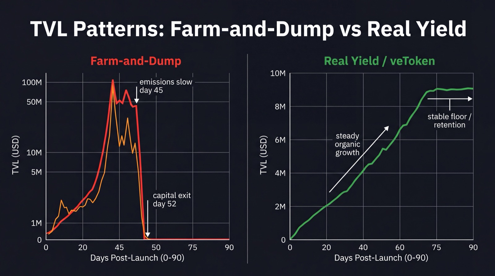 Side-by-side TVL charts comparing farm-and-dump vs real yield protocol performance over 90 days