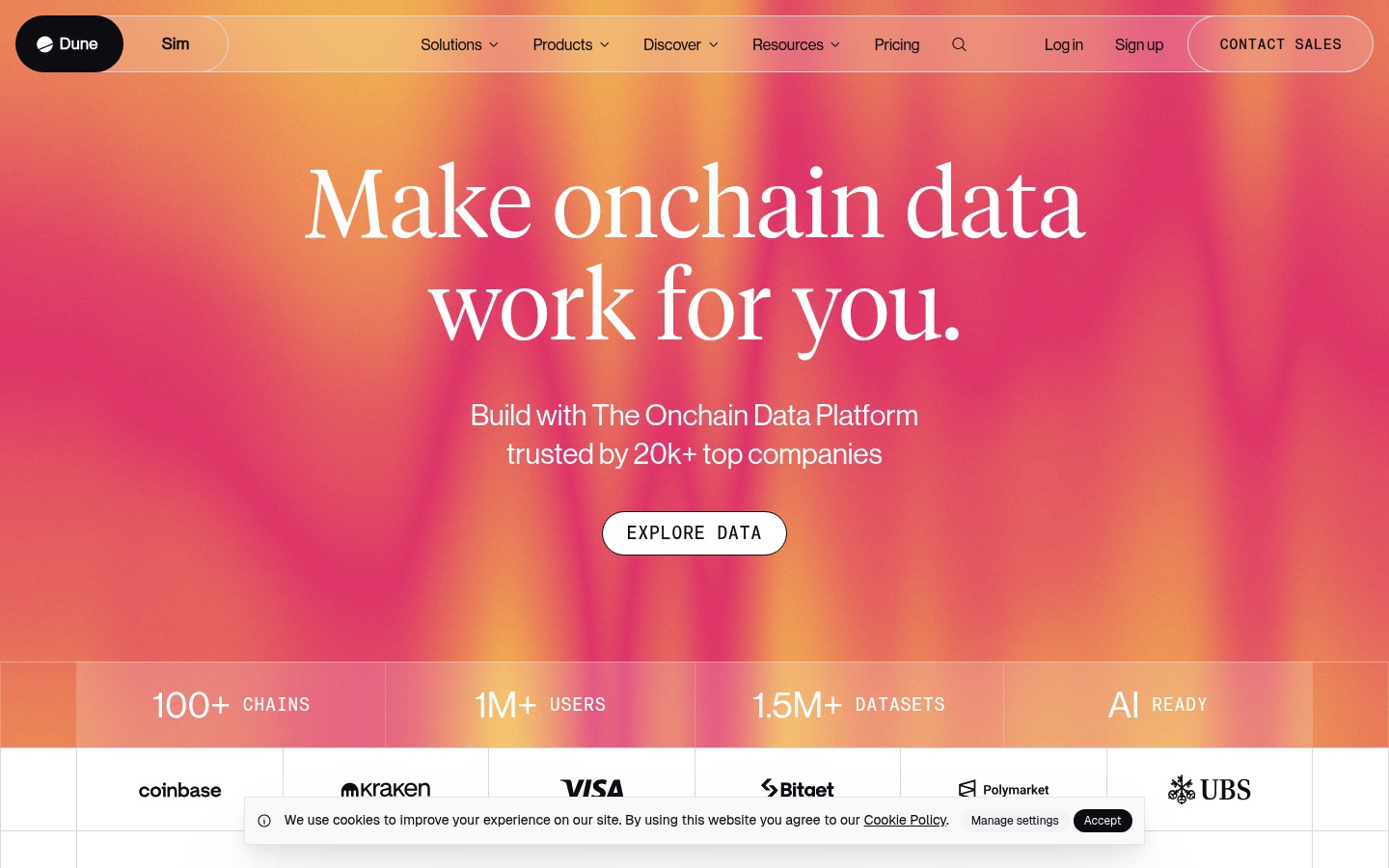 Dune Analytics homepage showing on-chain data platform overview