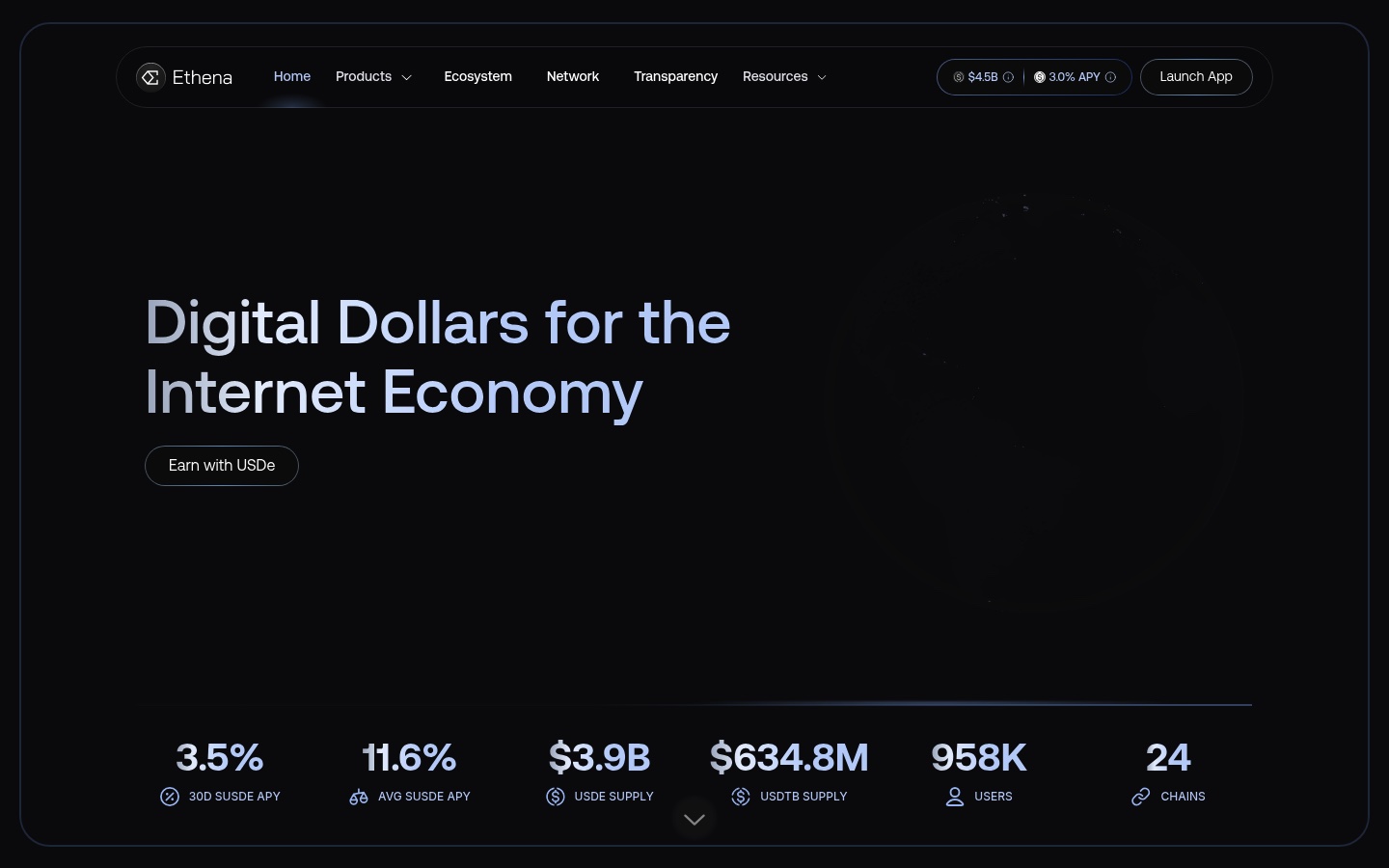 Ethena protocol homepage screenshot showing the stablecoin product overview and yield offering