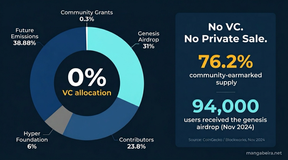 HYPE token distribution at genesis: zero VC allocation, 76.2% community-earmarked