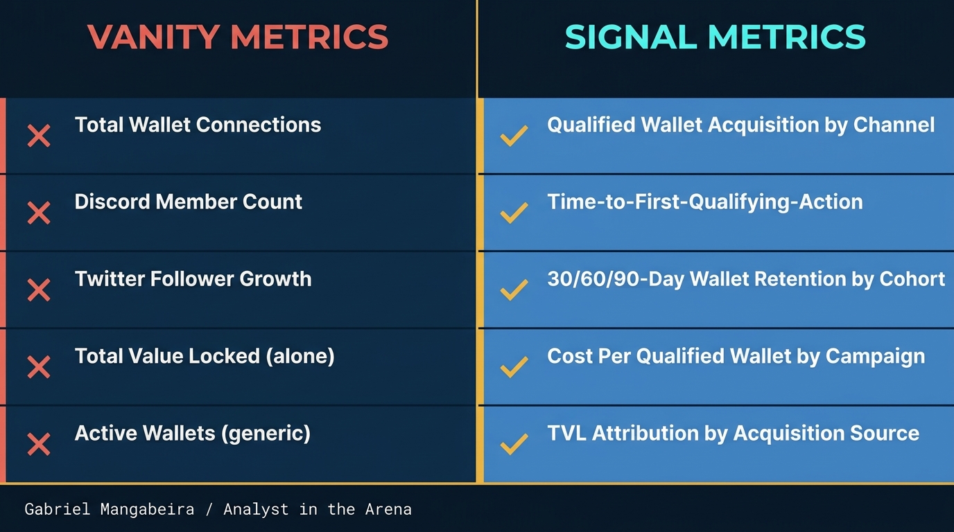 Signal metrics vs. vanity metrics for DeFi growth marketing