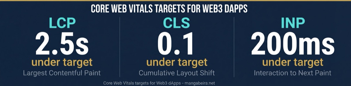 Objetivos de Core Web Vitals para dApps Web3: LCP por debajo de 2,5s, CLS por debajo de 0,1, INP por debajo de 200ms