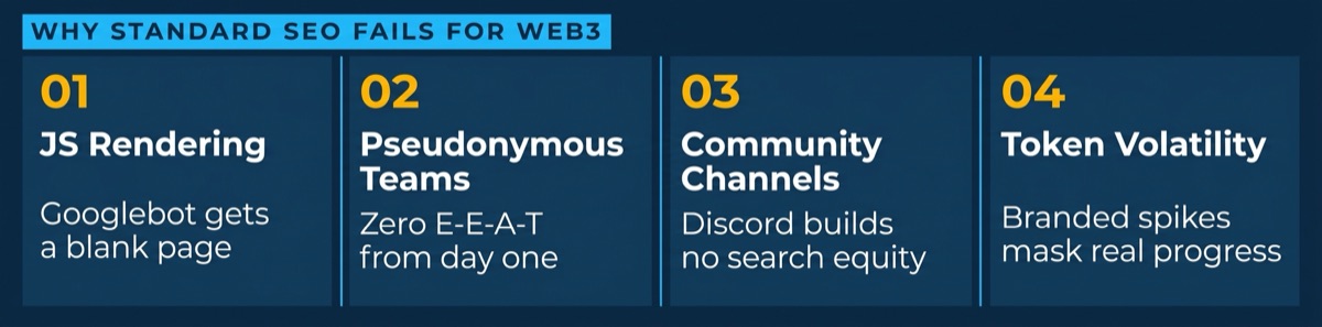 Cuatro modos de falla que bloquean a los proyectos Web3 de posicionar: renderizado JavaScript, equipos anónimos, canales de comunidad, volatilidad de token