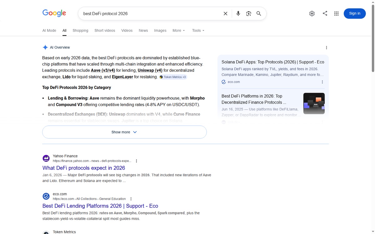 SERP de Google mostrando un AI Overview para 'best DeFi protocol 2026' con múltiples fuentes citadas
