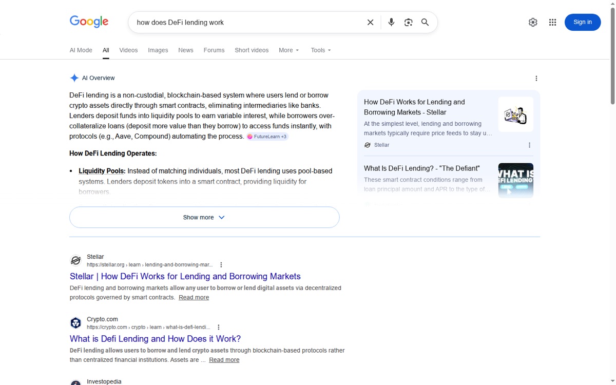 SERP de Google mostrando un AI Overview para la consulta 'how does DeFi lending work', con la respuesta de IA apareciendo encima de los resultados orgánicos