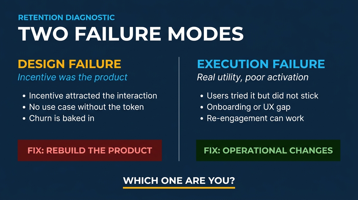 Two-column diagnostic comparing Design Failure (no PMF) vs. Execution Failure (PMF exists, onboarding broken)